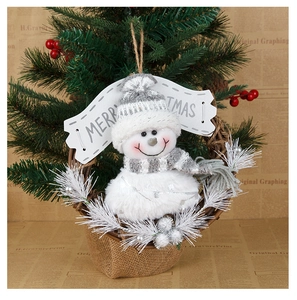 Detail of Christmas snowman rattan wreath with Merry Christmas banner and pine needles