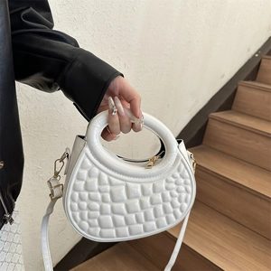Women Vintage PU Leather Round Handle Handbag 3D Embossed Quilted Crossbody Bag Solid Color Fashion Shoulder Bag Gold Zipper