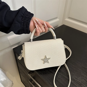 Women Small Square Shoulder Bag PU Woven Texture Rhinestone Star Crossbody Handbag For Daily Commuting Fashion Chain Bag
