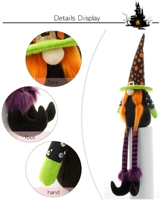 Détails de la poupée gnome d'Halloween montrant le visage, les jambes et les pieds violets