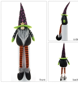 Vue en trois angles du nain d'Halloween en peluche avec chapeau violet et jambes rayées