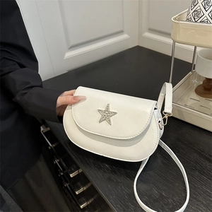 Women Fashion PU Leather Saddle Bag Star Buckle Rhinestone Shoulder Crossbody Bag Minimalist Square Daily Purse Handbag
