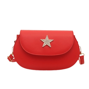 Red minimalist half-moon saddle crossbody bag with sparkling rhinestone star buckle