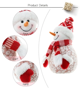 Detail shots of plush Christmas snowman showing knit hat, lace fabric and scarf textures