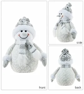 Three-sided view of silver Nordic Christmas snowman doll with sequin floral texture