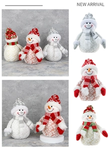 Detailed view of plush Christmas snowman ornaments with knitted hats and snowflake patterns
