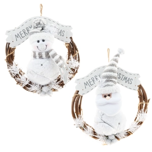 Set of 2 rustic Christmas wreaths with Santa and Snowman plush dolls on rattan base