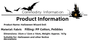 Detailed size chart for 35cm Halloween witch gnome decoration with weight and materials