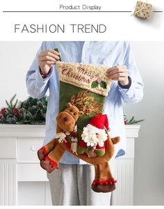 Detail of Christmas stocking featuring 3D Santa and reindeer with embroidered lettering