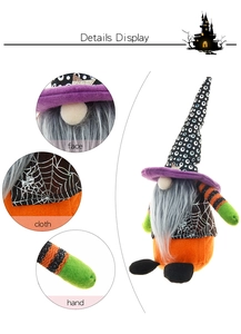 Detail showing the pointed hat, spider web fabric, and plush hand of the Halloween gnome