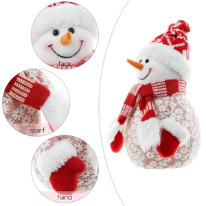 Christmas foam snowman figurine with red knit hat and embroidered beige fabric body