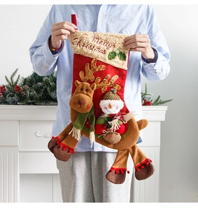 Detail of plush reindeer and snowman Christmas stocking with Merry Christmas embroidery