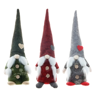 Set mit drei Weihnachtsgnomen in Rot, Grün und Grau mit Herzmustermützen und langen Bäärten