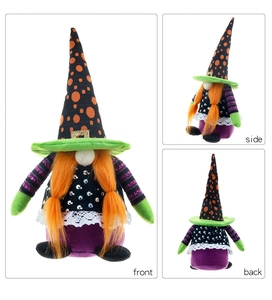 Front, side, and back views of a Halloween gnome with purple dress and sequin witch hat