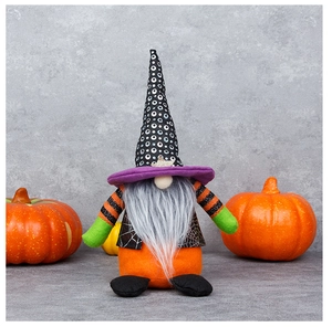 Detailed view of Halloween gnome with pointed hat and spider web pattern on a grey background