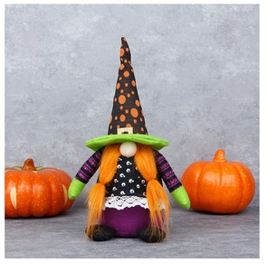 Detailed view of Halloween gnome featuring orange braids and neon green wizard hat