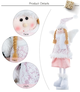 Detailed views of Christmas angel plush doll featuring face blush and snowflake knit fabric