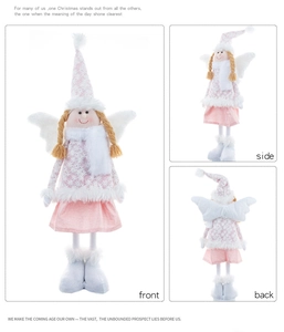 Three-sided view of pink Christmas angel plush doll with wings and telescopic design