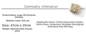 Detailed size specifications for large 47cm linen Christmas stockings featuring holiday motifs