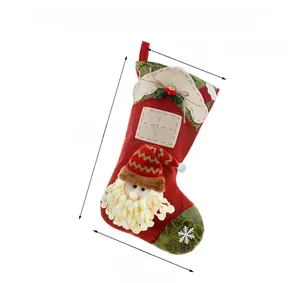Detail view of large Christmas stocking showing Santa Claus plush 3D appliques and dimensions