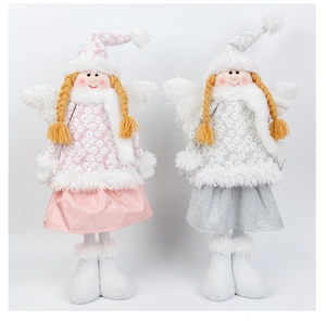 Detail of Christmas angel plush dolls featuring snowflake prints and white feather wings