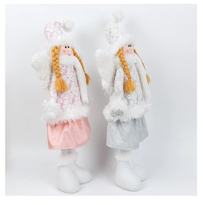 Detail of plush Christmas angel dolls with snowflake knits, pink skirts, and wings