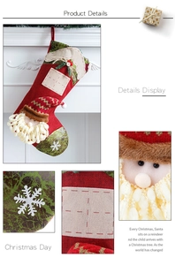 Close-up of burlap Christmas stocking featuring Santa Claus and white snowflake details