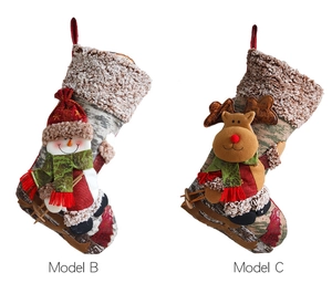 Detailed plush Christmas stockings featuring snowman and reindeer patterns Model B and C