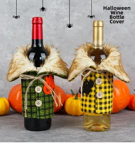 Detail of Halloween wine bottle covers with plaid fabric, faux fur trim and wood buttons
