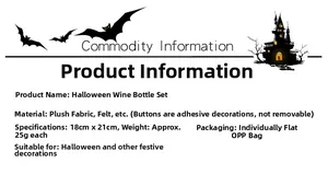 Detailed size specifications and material chart for plush Halloween wine bottle cover