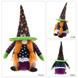 Halloween witch gnome plush with orange polka dot hat shown in front side and back views