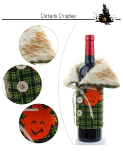 Detail display of Halloween wine bottle cover with green plaid fabric and pumpkin patch