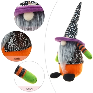 Halloween witch gnome doll with pointed hat and spider web details for home decor