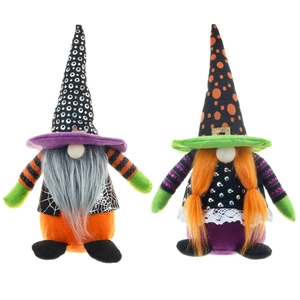 Halloween gnome plush decor set with spider web hat and orange braids on white background