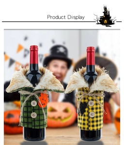 Halloween plaid wine bottle covers with fur collars and pumpkin bat accents for table decor
