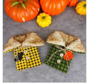 Detail of Halloween wine bottle bags with plaid patterns and plush collar decor
