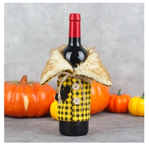 Detail of yellow plaid wine bottle cover with faux fur collar and bat patch decor