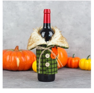 Detail of green plaid wine bottle cover with faux fur collar and wood buttons for Halloween