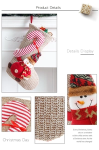 Detail of burlap Christmas stocking featuring a 3D snowman and festive candy cane decor