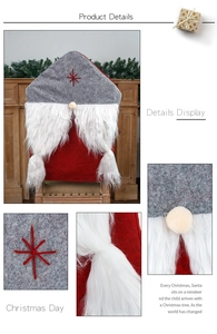 Detail view of gnome chair cover featuring a faux fur beard and red star embroidery decoration