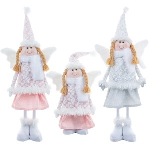 Three Christmas angel dolls with telescopic legs, snowflake wings and plush winter hats