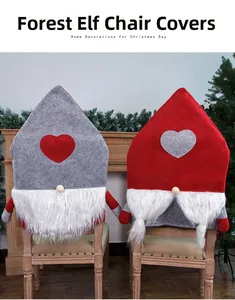 Close-up of Nordic gnome chair covers with red and grey hearts and white faux fur beards