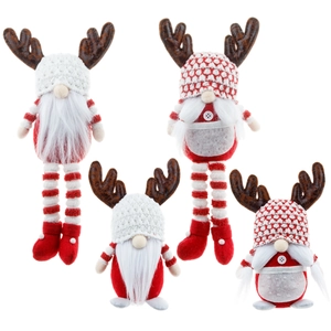 Set van vier kerstkabouters met bruin gewei en witte pluchen baarden decoratie