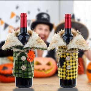 Halloween Wine Bottle Cover Plaid Cloth With Faux Fur Wood Button Hemp Rope Decoration Pumpkin Bat Wine Bottle Bag For Party Decor