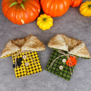 Halloween plaid wine bottle covers with faux fur collars and decorative pumpkin bat patches