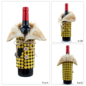 Halloween yellow plaid wine bottle cover with faux fur collar shown in front side and back