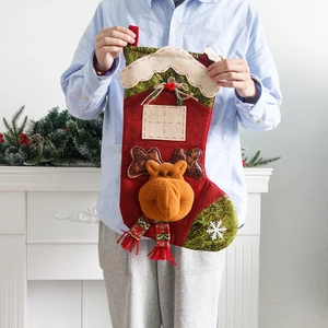 Large Christmas stocking gift bag with 3D plush reindeer and festive snowflake embroidery