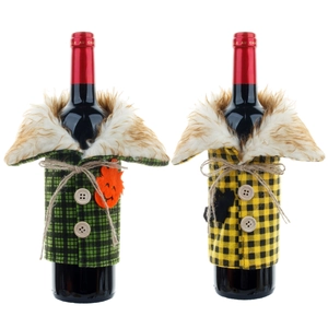 Festive checkered wine bottle covers with plush trim and pumpkin decor for Halloween