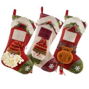Three-piece large Christmas stocking set with 3D Santa, Snowman and Reindeer designs