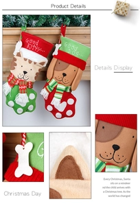 Details von Weihnachtsstrümpfen aus Filz mit Good Kitty und Good Dog Stickerei-Verzierungen